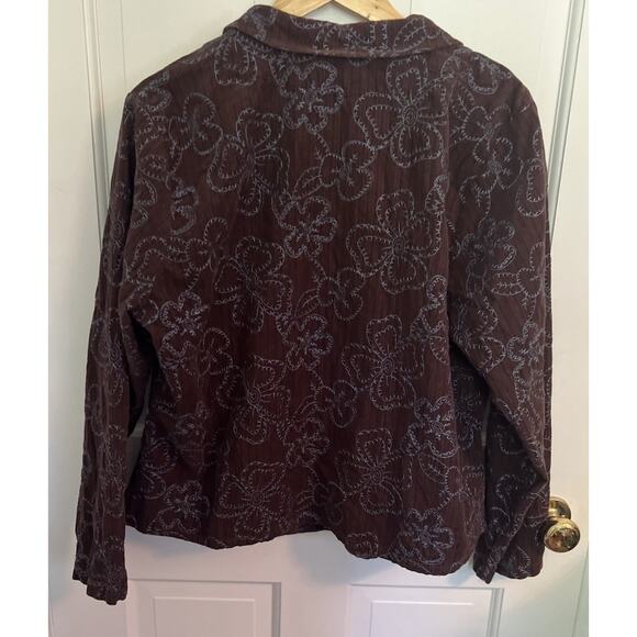 FLAX Medium Brown Corduroy Collared Lightweight Jacket Blue Embroidered Floral - Picture 2 of 9